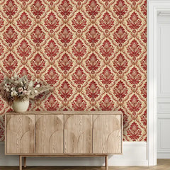 Vintage Red Damask Wallpaper – Classic Peel-and-Stick Bedroom Dining Room Design