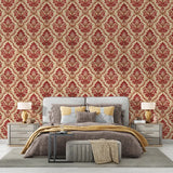 Vintage Red Damask Wallpaper – Classic Peel-and-Stick Bedroom Dining Room Design