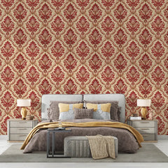 Vintage Red Damask Wallpaper – Classic Peel-and-Stick Bedroom Dining Room Design