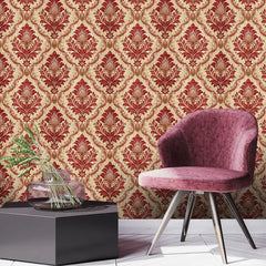 Vintage Red Damask Wallpaper – Classic Peel-and-Stick Bedroom Dining Room Design
