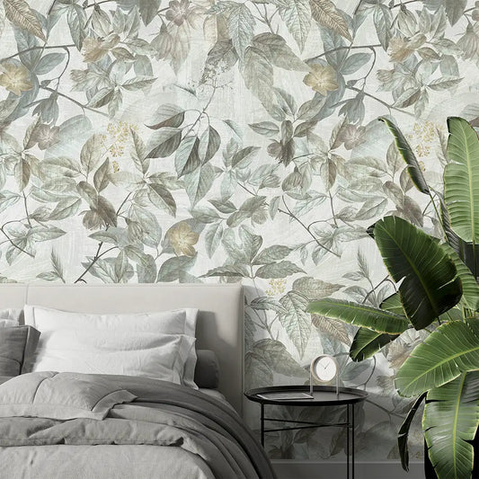 Sage Green Botanical Wallpaper – Minimal Peel-and-Stick Bedroom Living Room Design
