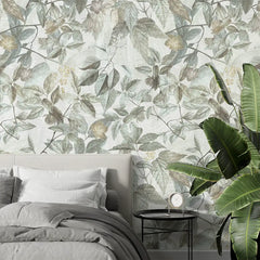 Sage Green Botanical Wallpaper – Minimal Peel-and-Stick Bedroom Living Room Design