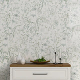 Sage Green Meadow Wallpaper – Natural Peel-and-Stick Bedroom Living Room Design