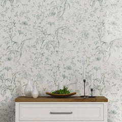 Sage Green Meadow Wallpaper – Natural Peel-and-Stick Bedroom Living Room Design