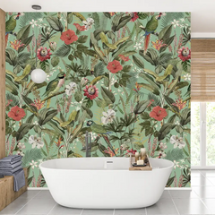 Tropical Botanical Bird Wallpaper – Vibrant Peel-and-Stick Bedroom Living Room Design