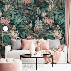 Vintage Green Pink Floral Wallpaper – Romantic Peel-and-Stick Bedroom Design