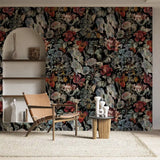Black Burgundy Botanical Wallpaper – Dark Luxury Peel-and-Stick Bedroom Design