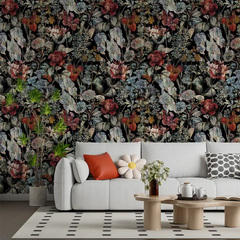Black Burgundy Botanical Wallpaper – Dark Luxury Peel-and-Stick Bedroom Design