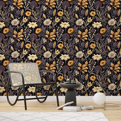 Black Beige Floral Wallpaper – Elegant Peel-and-Stick Bedroom Accent Wall Design