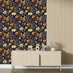 Black Beige Floral Wallpaper – Elegant Peel-and-Stick Bedroom Accent Wall Design