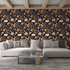 Black Beige Floral Wallpaper – Elegant Peel-and-Stick Bedroom Accent Wall Design