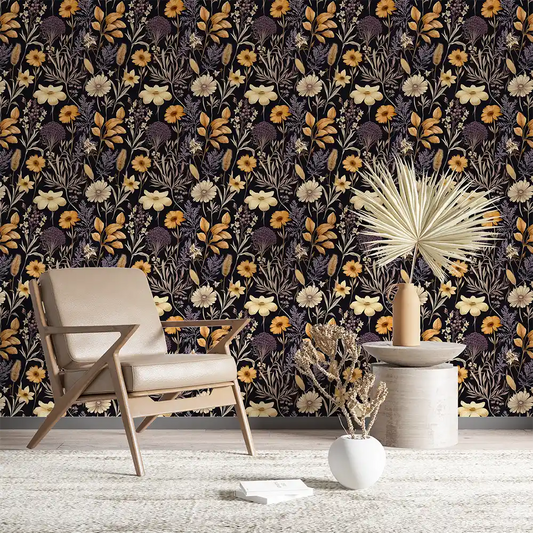 Black Beige Floral Wallpaper