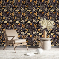 Black Beige Floral Wallpaper – Elegant Peel-and-Stick Bedroom Accent Wall Design