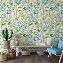 Blue Green Botanical Wallpaper – Natural Peel-and-Stick Bedroom Living Room Design