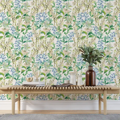 Blue Green Botanical Wallpaper – Natural Peel-and-Stick Bedroom Living Room Design