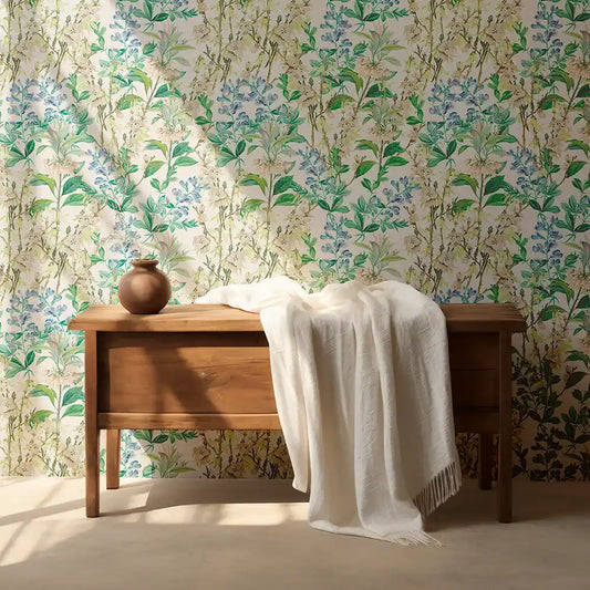 Blue Green Botanical Wallpaper – Natural Peel-and-Stick Bedroom Living Room Design