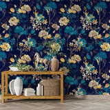 Teal and Gold Floral Wallpaper – Elegant Peel-and-Stick Bedroom Living Room Design