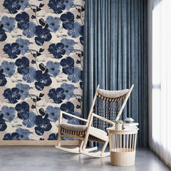 Navy Beige Abstract Brushstroke Botanical Wallpaper – Peel-and-Stick Accent Wall