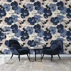 Navy Beige Abstract Brushstroke Botanical Wallpaper – Peel-and-Stick Accent Wall
