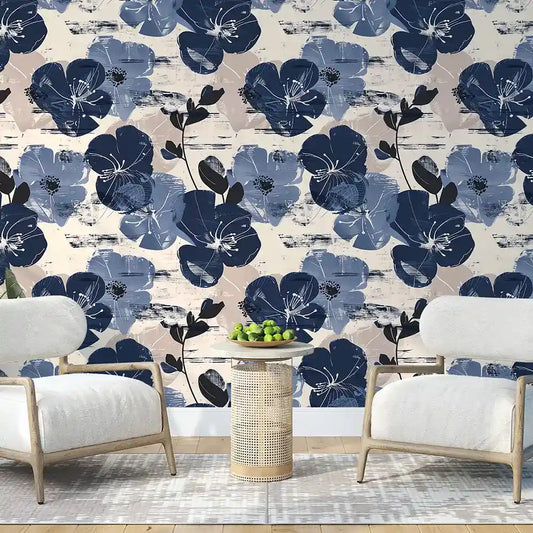 Navy Blue Floral Wallpaper Beige Abstract Brushstroke Botanical Modern Design