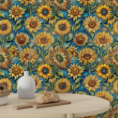 Teal Yellow Sunflower Wallpaper – Vibrant Peel-and-Stick Bedroom Living Room Design