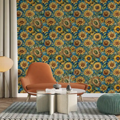 Teal Yellow Sunflower Wallpaper – Vibrant Peel-and-Stick Bedroom Living Room Design