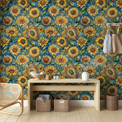 Teal Yellow Sunflower Wallpaper – Vibrant Peel-and-Stick Bedroom Living Room Design