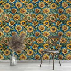 Teal Yellow Sunflower Wallpaper – Vibrant Peel-and-Stick Bedroom Living Room Design