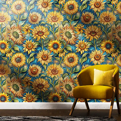 Teal Yellow Sunflower Wallpaper – Vibrant Peel-and-Stick Bedroom Living Room Design