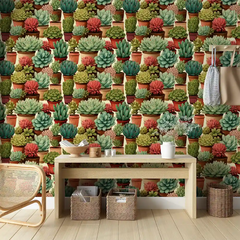 Green Terracotta Succulent Wallpaper – Natural Peel-and-Stick Bedroom Living Room