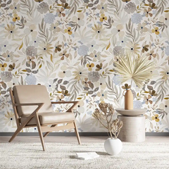 Beige Gray Floral Wallpaper – Soft Peel-and-Stick Bedroom Living Room Design