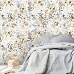 Beige Gray Floral Wallpaper – Soft Peel-and-Stick Bedroom Living Room Design