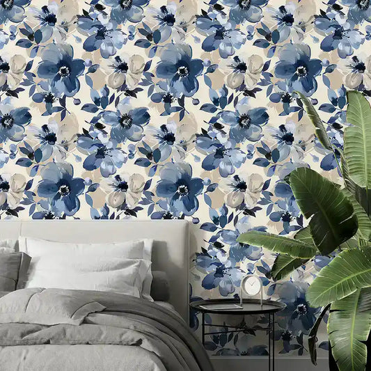Blue Watercolor Floral Wallpaper Modern Abstract Flower Pattern Soft Botanical Wall Design