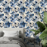 Blue Watercolor Floral Wallpaper – Abstract Botanical Peel-and-Stick Bedroom Design