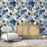Blue Watercolor Floral Wallpaper – Abstract Botanical Peel-and-Stick Bedroom Design