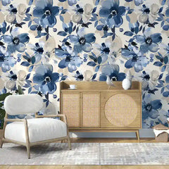 Blue Watercolor Floral Wallpaper – Abstract Botanical Peel-and-Stick Bedroom Design