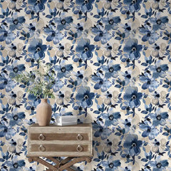 Blue Watercolor Floral Wallpaper – Abstract Botanical Peel-and-Stick Bedroom Design