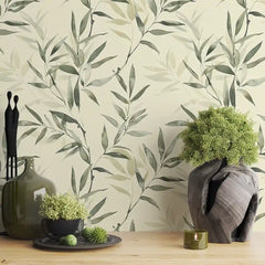 Soft Neutral Bamboo Leaf Zen Wallpaper – Minimal Natural Peel-and-Stick Design