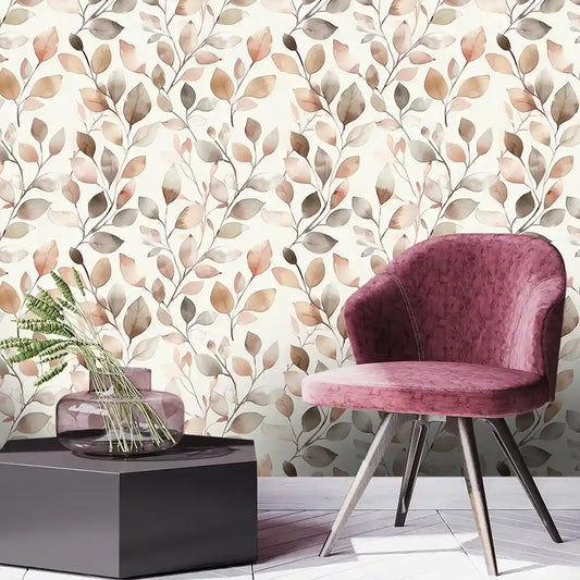 Soft Neutral Leaf Wallpaper Watercolor Botanical Pattern Minimal Elegant Nature Wall Design