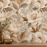 Beige and Gold Floral Wallpaper – Elegant Peel-and-Stick Bedroom Wall Design