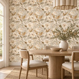 Beige and Gold Floral Wallpaper – Elegant Peel-and-Stick Bedroom Wall Design