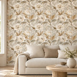 Beige and Gold Floral Wallpaper – Elegant Peel-and-Stick Bedroom Wall Design