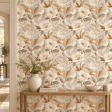 Beige and Gold Floral Wallpaper – Elegant Peel-and-Stick Bedroom Wall Design