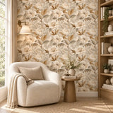 Beige and Gold Floral Wallpaper – Elegant Peel-and-Stick Bedroom Wall Design