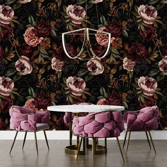 Custom Moody Dark Rose Botanical Wall Mural to suit any space.