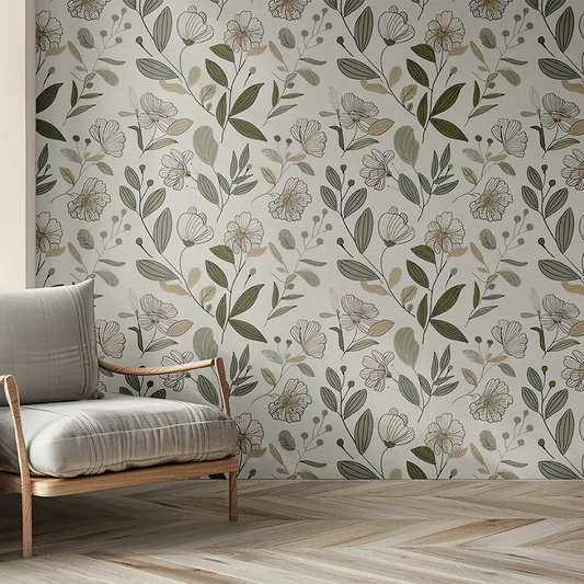 Sage Green Floral Wallpaper – Botanical Peel-and-Stick Bedroom Wall Design