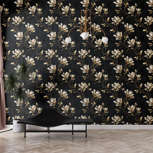 Black and Gold Magnolia Wallpaper – Dramatic Peel-and-Stick Luxury Accent Wall