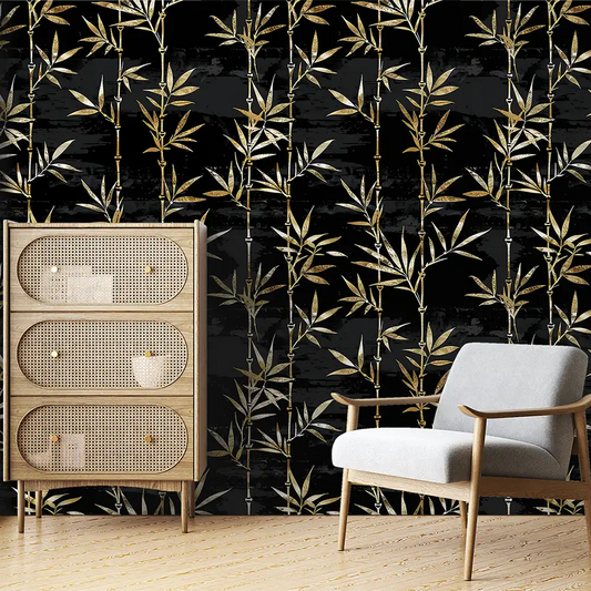 Black and Gold Bamboo Wallpaper – Luxury Asian Peel-and-Stick Bedroom Design