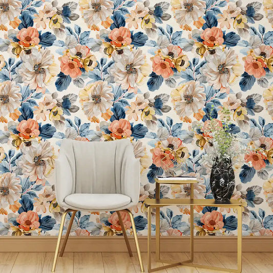 Warm Coral Floral Wallpaper Vintage Garden Bloom Pattern Soft Botanical Elegant Wall Design