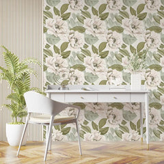 Soft Neutral Floral Wallpaper – Minimal Classic Peel-and-Stick Bedroom Office Design